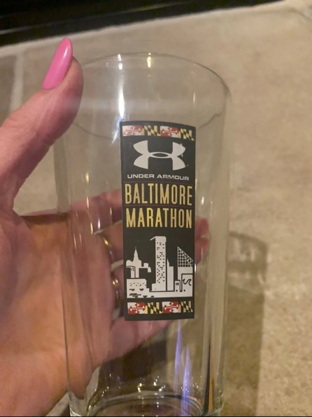 Rare Vtg Baltimore Marathon Glass  Maryland city Running Race/ logo Under Armour